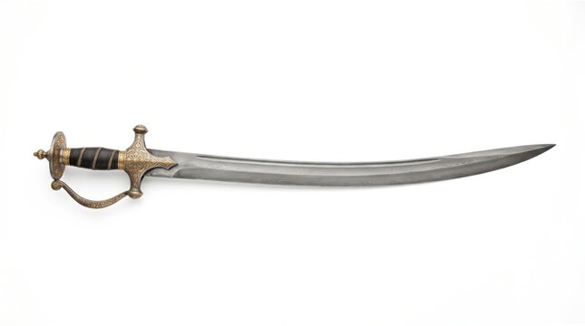 Vintage antique curved sword with ornate brass hilt, traditional steel scimitar isolated on white background, historical weapon studio shot