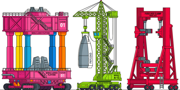 Heavy Aerospace Launch Support Equipment Vector Set with Mobile Launch Platform Gantry Crane Lifting Payload and Straddle Carrier for Spaceport Engineering Design