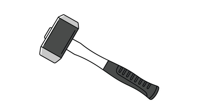 Heavy duty mallet or hammer with a large black head and a rubberized handle is displayed for professional industrial work.