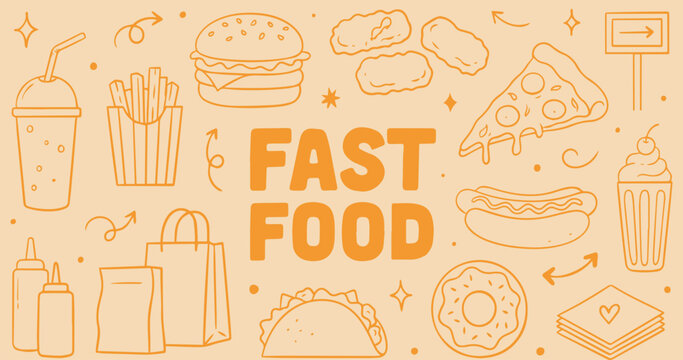 Doodle fast food icons featuring pizza, burgers, and soda