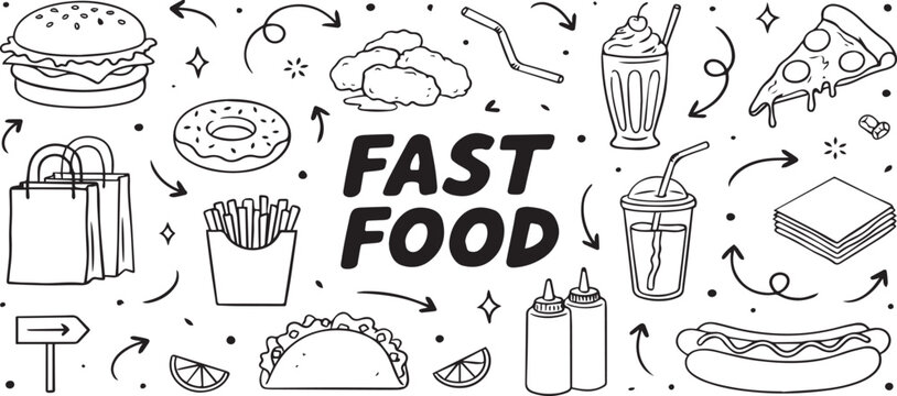 Doodle fast food icons featuring pizza, burgers, and soda