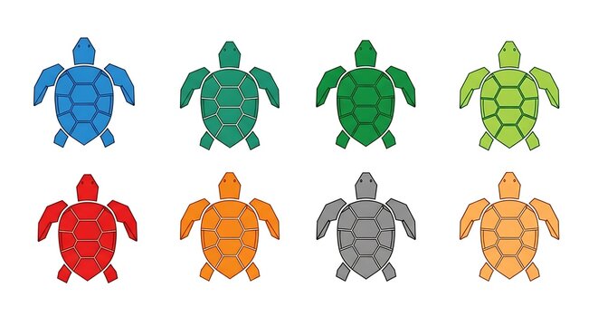 Eight stylized, colorful turtle illustrations in various hues, with geometric and flat design