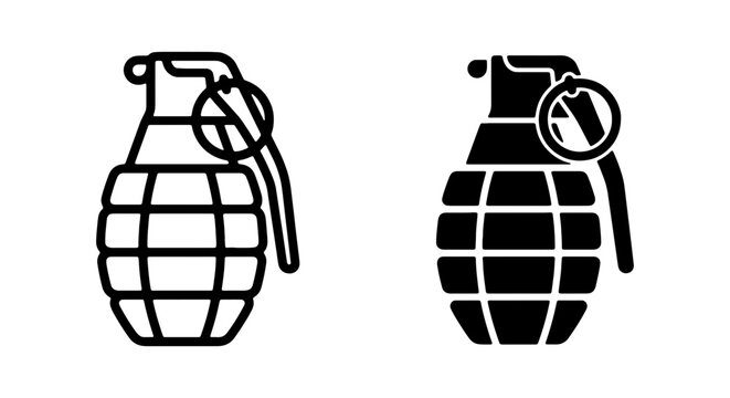 Grenade icon set, military weapon symbol, explosive device, danger sign vector