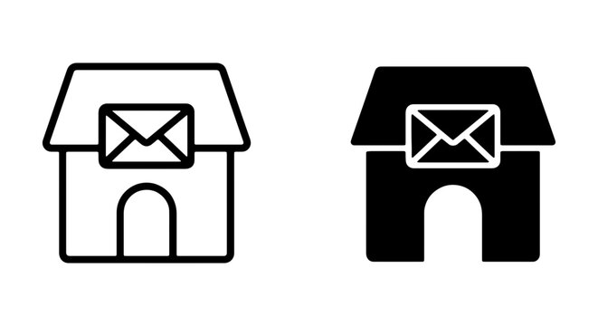 Home mail delivery icon, house with envelope, black vector outline and solid glyph