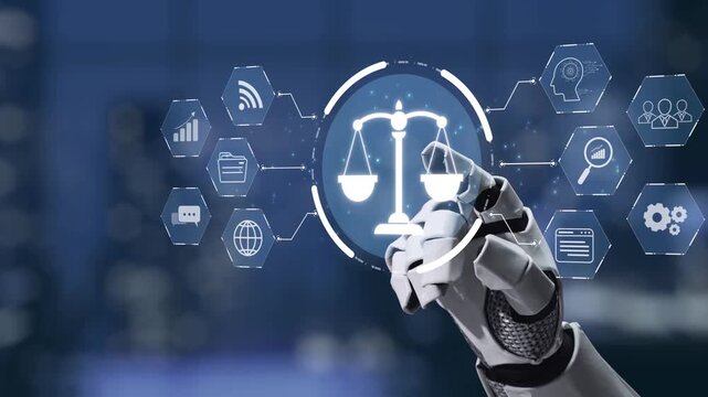 A robotic hand reaches out to interact with a digital interface showcasing symbols of justice, law, and technology. The image highlights the intersection of law and innovation. Synapse