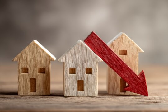 Wooden house models with a red arrow pointing down symbolizing decline in housing market or real estate prices on a wooden surface with blurred background