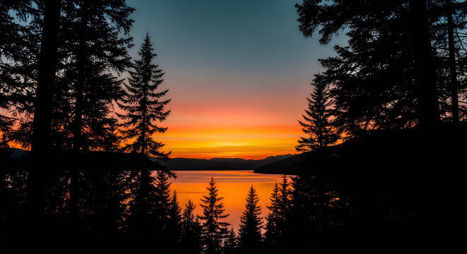 Serene lake sunset with silhouetted pine trees and vibrant orange sky