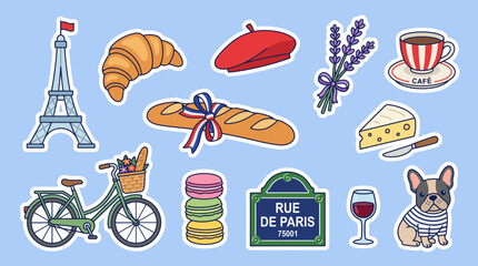Colorful vector illustration featuring iconic symbols of Paris including a croissant beret eiffel tower bicycle wine cheese and cute dog © Firdaus