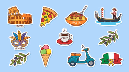 Colorful collection of flat vector stickers representing iconic italian culture including food landmarks symbols and transportation on a blue background © Firdaus