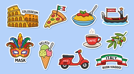 Vibrant vector sticker set featuring iconic italian symbols including the colosseum pizza pasta gondola coffee scooter and festive carnival mask © Firdaus