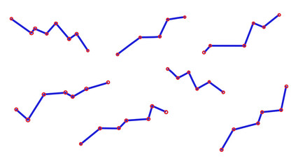 Obraz premium Abstract geometric blue zigzag lines with red data points illustrating connections, routes, and network paths. Modern digital infographic design element on white background.