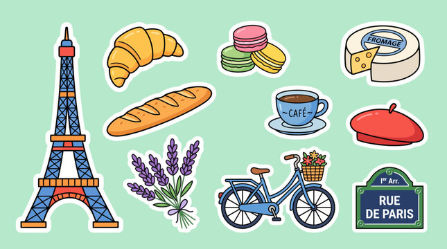 Vibrant vector illustration collection featuring iconic french symbols like eiffel tower baguette croissant macarons bicycle lavender and a beret hat