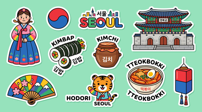Vibrant vector graphic sticker set featuring iconic korean cultural elements like traditional hanbok clothing food architecture and cute animal characters