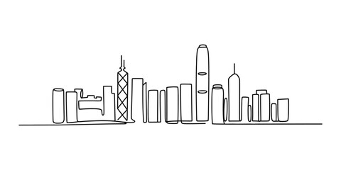 Fototapeta premium Continuous single line drawing of hong kong city skyline with famous skyscrapers and urban buildings in a minimal artistic style for modern design Vector, illustration
