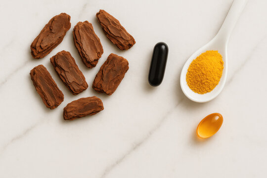 Flat lay composition featuring pine bark extract capsule, bilberry supplement, turmeric powder spoon, natural health vitamin pill arrangement on white marble surface