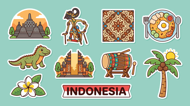 Vibrant vector illustration sticker set featuring iconic indonesian cultural elements like borobudur temple wayang kulit puppet and traditional batik patterns