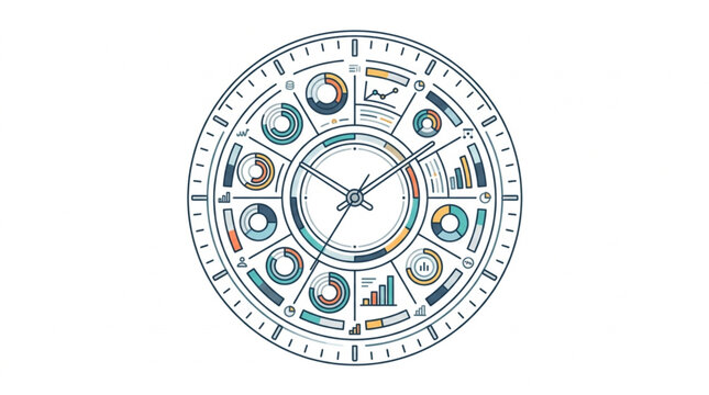 Circular clock face with data charts and graphs.