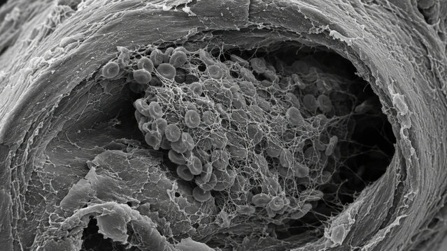 Scanning electron microscope micrograph of damaged blood vessel wall. This detailed view reveals platelet aggregation and fibrin network, key elements in thrombosis and cardiovascular disease