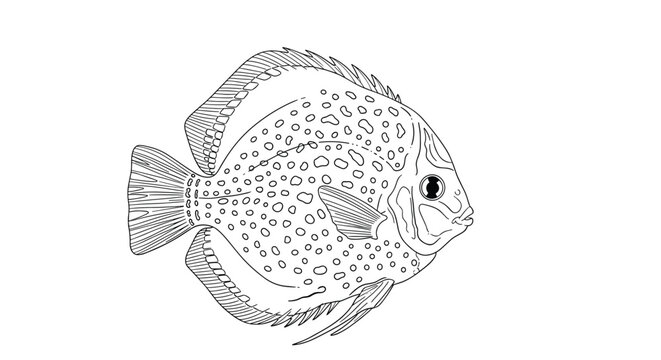 Detailed line drawing of a spotted discus fish highlights its unique round shape and beautiful scale patterns.