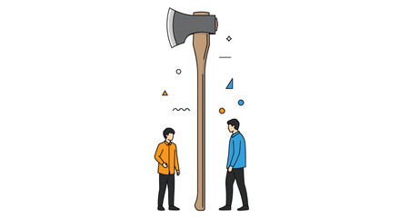 Enormous woodcutter axe stands between two small people illustrating a scale comparison for a creative concept. © Fathya