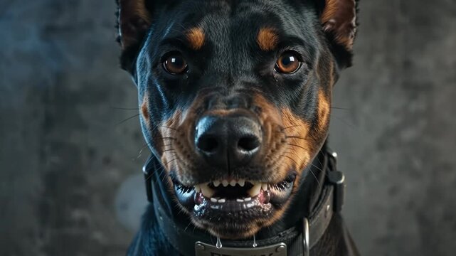 A fierce Doberman growls and bares its teeth at the camera. Close-up of an aggressive dog with a collar on a grey background