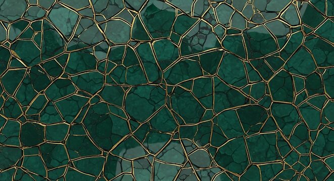 Emerald green fractured mosaic with gilded veins, resembling precious stone