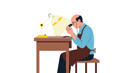 Fototapeta premium Craftsman working at desk with magnifying glass and lamp