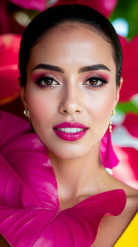 Piękna kobieta z fuksjowym makijażem i tropikalnymi liśćmi &ndash; portret beauty glamour.