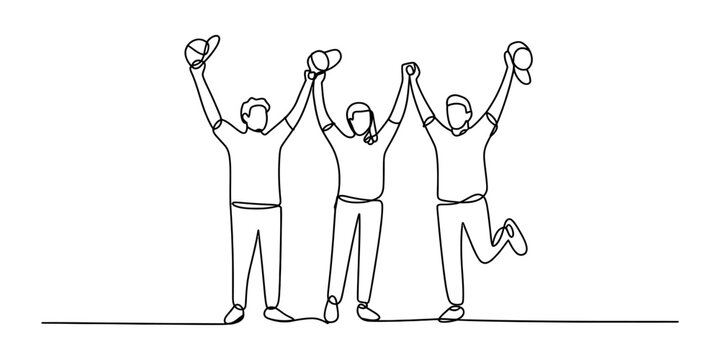 Continuous single line drawing of three happy friends jumping and celebrating with arms raised holding baseball caps in a simple minimalist art style Vector, illustration