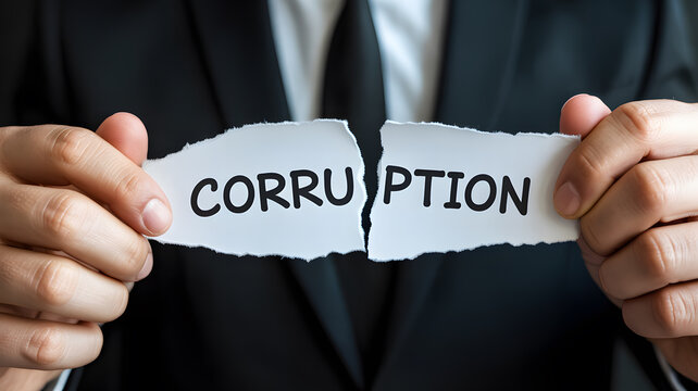 A businessman in a suit holding torn paper with the word corruption written on it