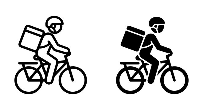 Bicycle delivery man icon set, courier on bike vector, food shipping service