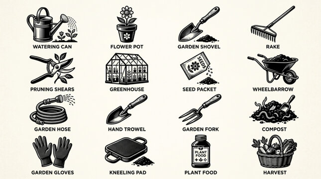 Gardening tools and equipment for planting flowers and harvesting vegetables in a backyard garden.
