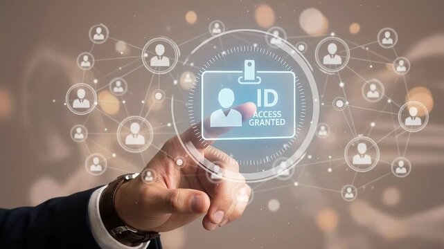 Digital Identity and Access Management Concept: Close-Up of Executive Finger Touching Floating Translucent ID Card Icon in Moody Studio