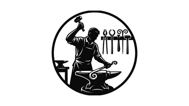 Blacksmith Forging Metal on Anvil, Traditional Craftsmanship, Silhouette Icon