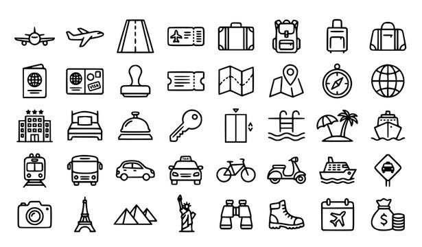 Tourism and vacation vector icon collection travel destination symbols