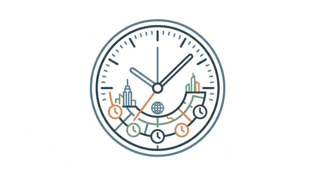 Clock face with city skyline and time zones illustration.