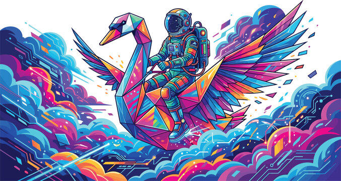 Astronaut riding a giant colorful low poly origami swan flying through cosmic neon clouds vector illustration isolated on white background