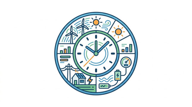 Circular infographic representing renewable energy sources and time.