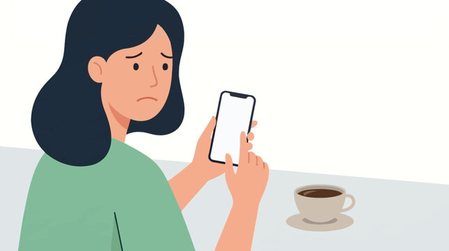A woman looking at her phone with a worried expression, possibly receiving bad news or dealing with a difficult situation