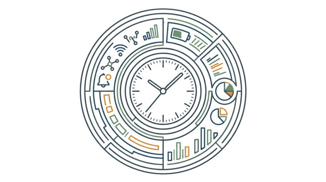 Circular infographic with clock and business icons representing time management and data analysis.