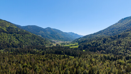 Fototapeta premium Aerial View of the Upper Sava Valley with Rateče, Slovenia