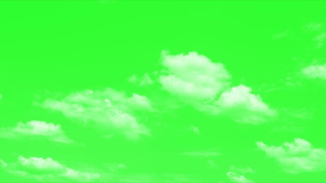 White fluffy clouds on a green screen.  White clouds floating across green screen background for chroma key effect. Clouds animation moving on green screen background. white clouds moving across .