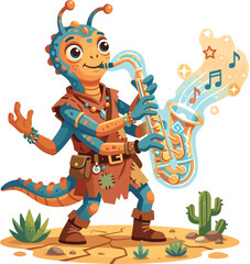 Naklejka premium Cute cartoon alien character playing saxophone in the desert vector illustration isolated on white background