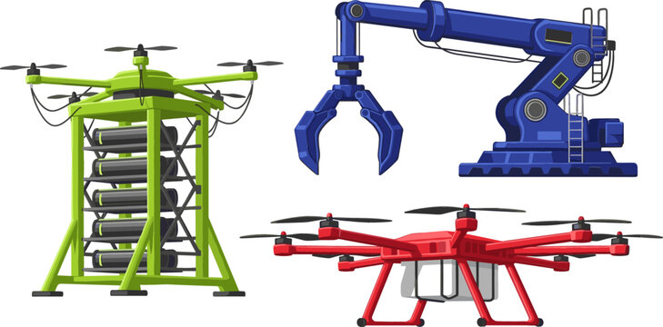 Industrial Automation Drone Vector Set Featuring Green Battery Charger Station Blue Robotic Mechanical Arm and Red Octocopter Cargo Delivery UAV Graphics