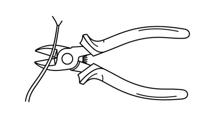 Black and white line art illustration of a pair of diagonal cutting pliers or wire cutters snipping through a thin metal wire on white. © Fathya