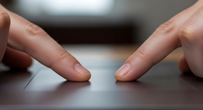 A person interacts with a touchpad using their index fingers.