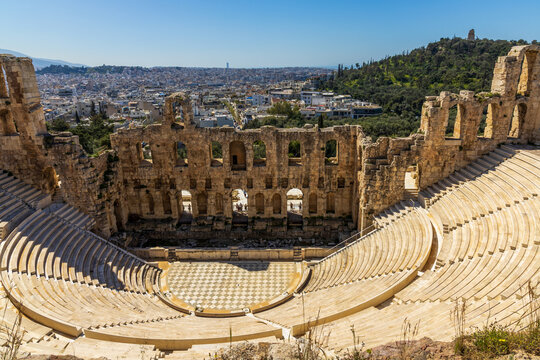 Odeon of Herodes Atticus, a stone Roman theatre built in AD 161, located on the southwest slope of the Acropolis in Athens, Greece
