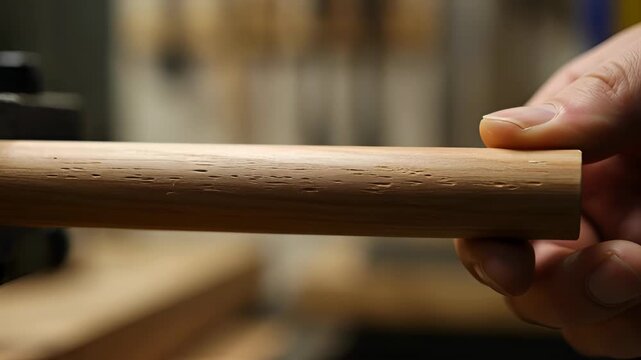 Craftsman inspecting a wooden dowel rod by hand in a workshop