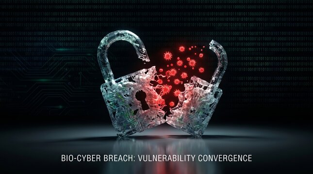 Digital padlock with virus particles escaping, cyber security threat concept
