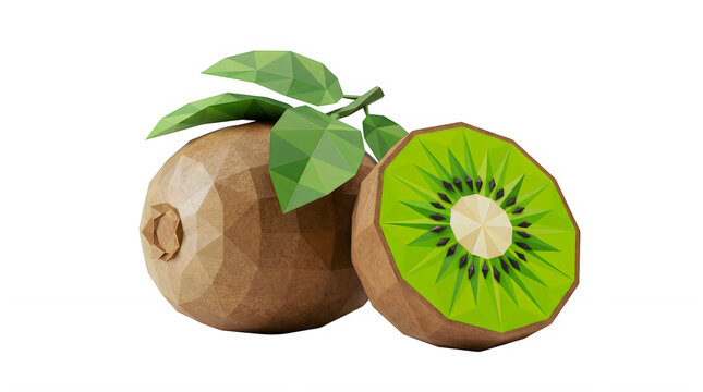 Geometric low poly kiwi fruit whole and half slice 3D render